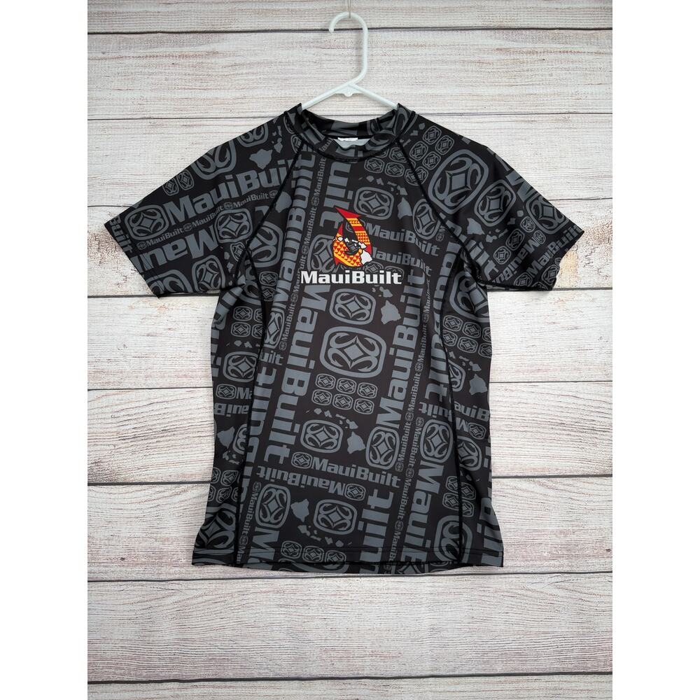Maui Built Rash Guard All Over Print Swim Shirt Mens Small Black Gray Stretch